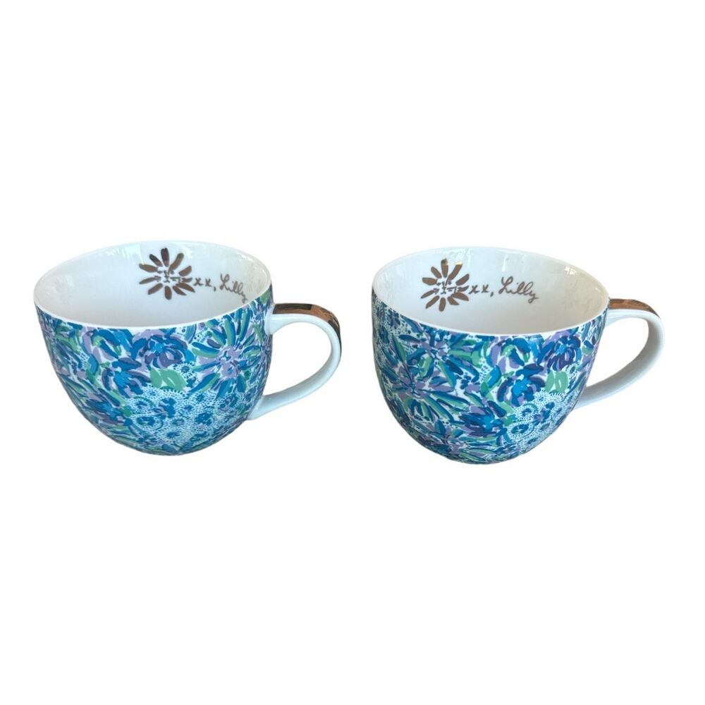 Lilly Pulitzer Lion Around Blue Print Gold Handle Mugs